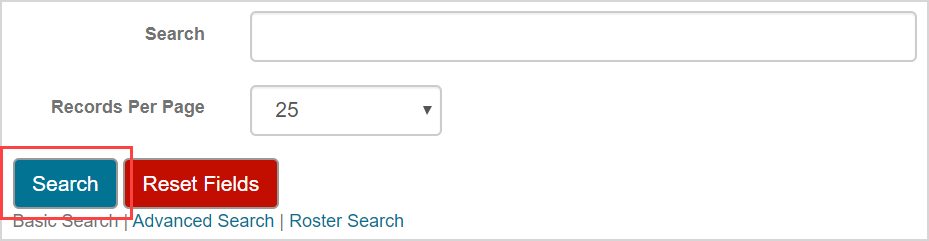 No search parameters are entered in the basic search fields and the Search button is highlighted.